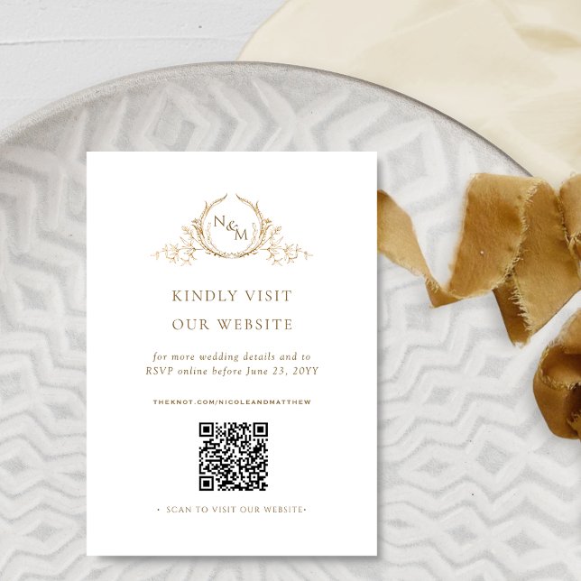 Chic White and Gold Monogram QR Code / RSVP Online Enclosure Card (Creator Uploaded)