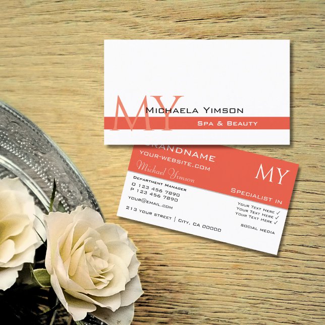 Chic White and Salmon with Initials Professional Business Card (Creator Uploaded)