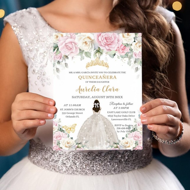 Chic White Baby Pink Roses Floral Girl Quinceañera Invitation (Creator Uploaded)