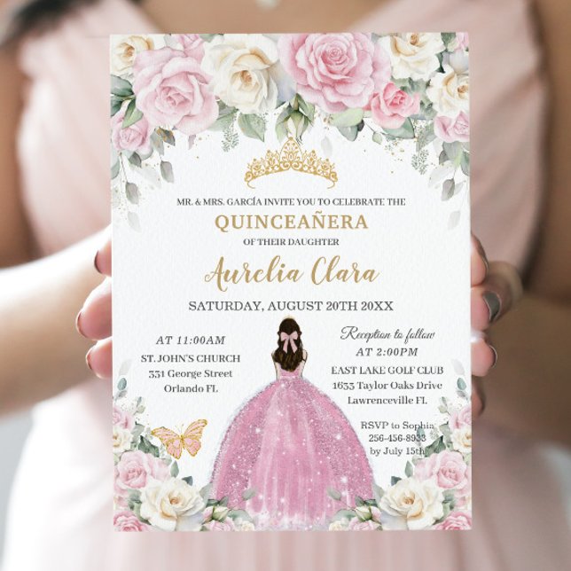Chic White Baby Pink Roses Floral Gold Quinceañera Invitation (Creator Uploaded)