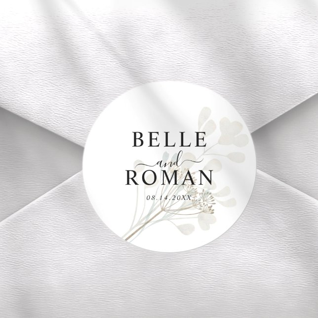 Chic White & Beige Botancial Wedding Classic Round Sticker (Creator Uploaded)