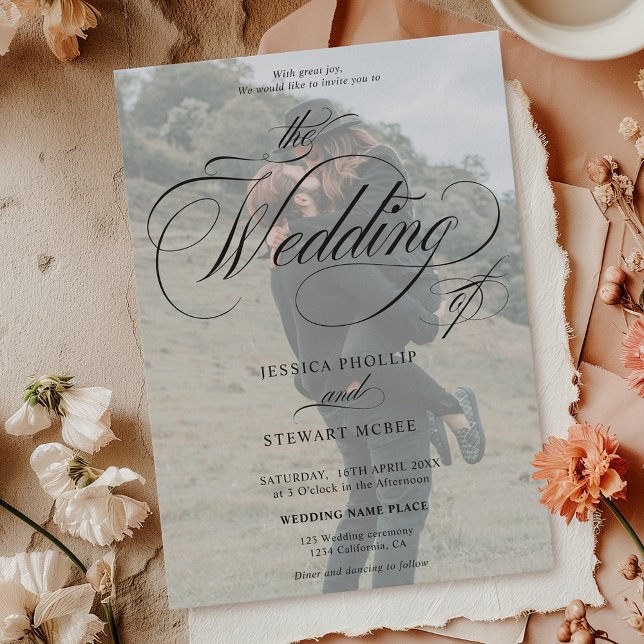 Chic white black 2 photos calligraphy wedding invitation (Chic white black 2 photos calligraphy wedding invitation)