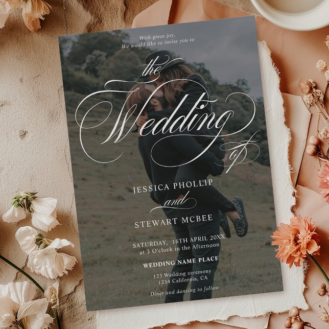 Chic white black 2 photos calligraphy wedding invitation (Chic white black 2 photos calligraphy wedding invitation)