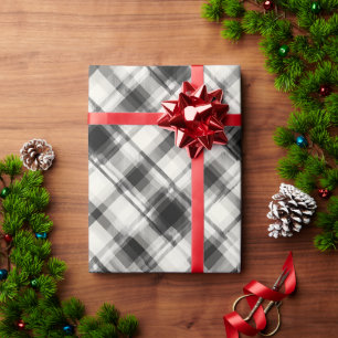 Chic White Black Monochrome Ivory Plaid Pattern Wrapping Paper