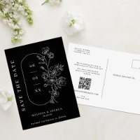 Chic White Blossoms on Black Wedding Save the Date
