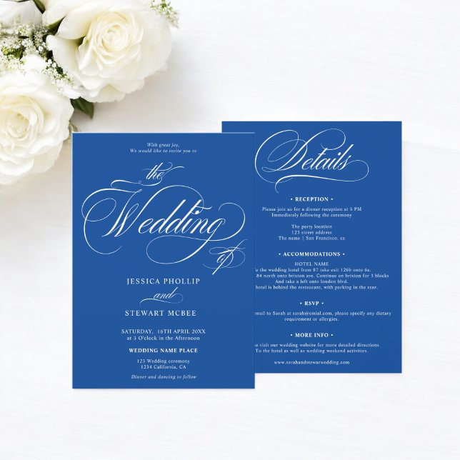 Chic white blue all in one calligraphy wedding  invitation (Chic white blue all in one calligraphy wedding invitation)