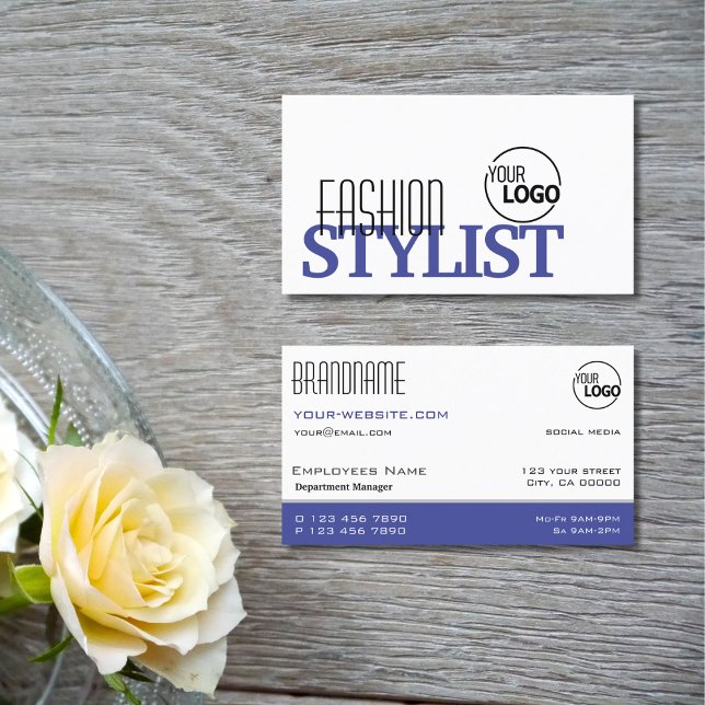 Chic White Blue and Black Simple Stylish with Logo Business Card (Creator Uploaded)