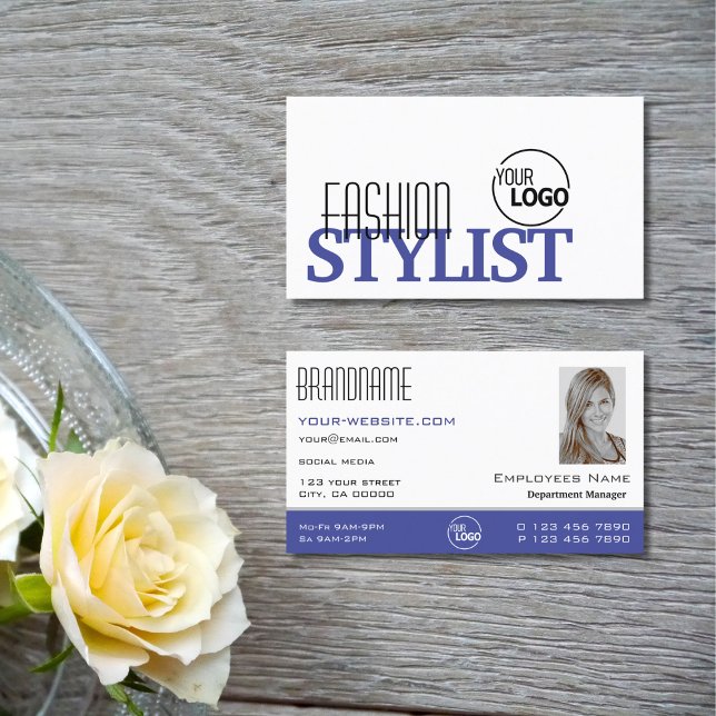 Chic White Blue Black Simple with Logo and Photo Business Card (Creator Uploaded)
