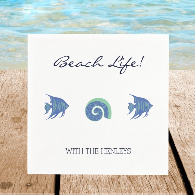 Chic White Blue Fish and Shells Family Beach House Napkin (Creator Uploaded)
