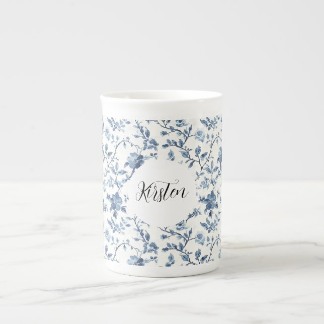 Chic White Blue Floral Bow Bone China Mug (Front)