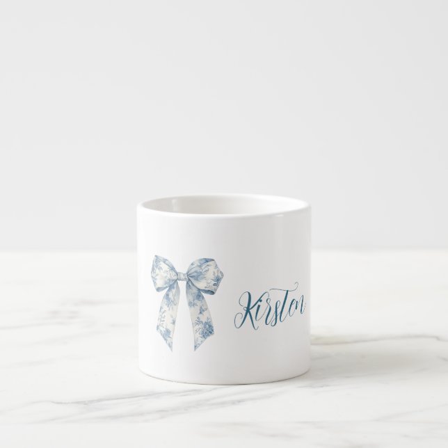 Chic White Blue Floral Bow Espresso Cup (Front)