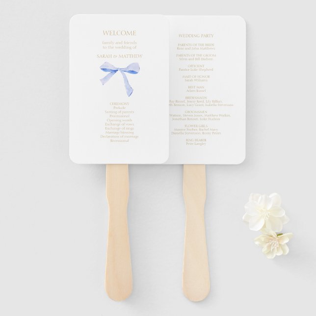 Chic White | Blue Ribbon Knot  Hand Fan (Front and Back)