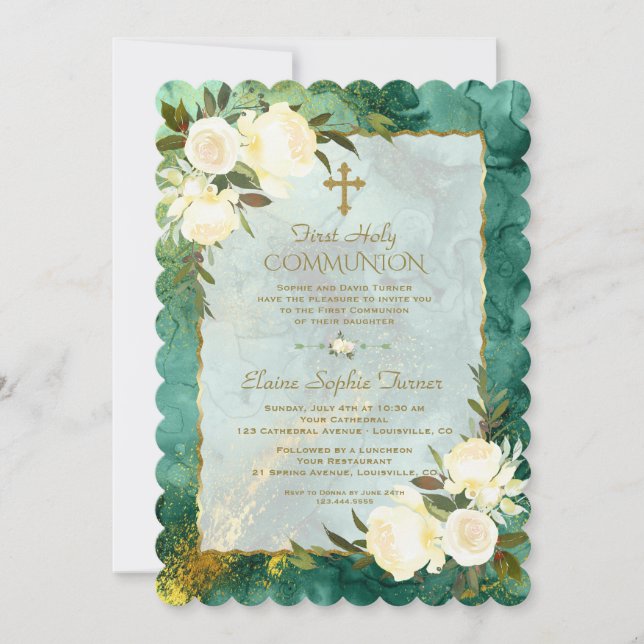 Chic White Cream Flowers Gold First Holy Communion Invitation (Front)
