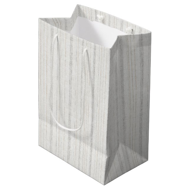 Chic White Cream Grey Stripes Wedding Medium Gift Bag (Front Angled)