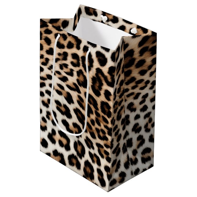 Chic White Cream Leopard Print Medium Gift Bag (Front Angled)