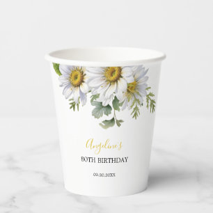 Chic White Daisy Floral Greenery Birthday Paper Cups