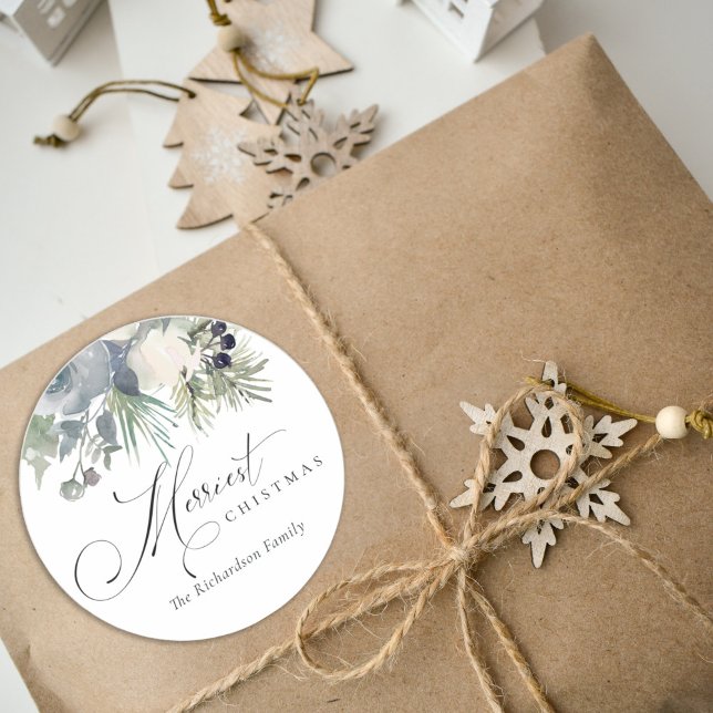 Chic White Dusky Green Merriest Christmas Foliage Classic Round Sticker (Creator Uploaded)