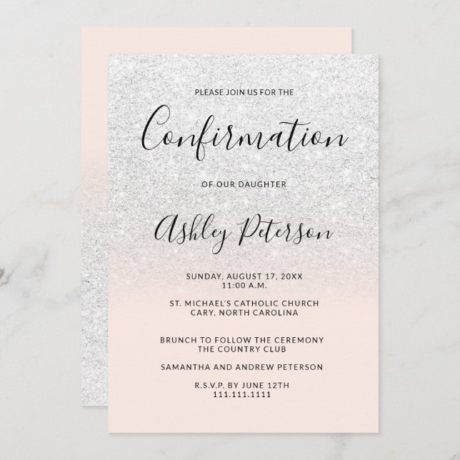 Chic white faux glitter pink ombre confirmation invitation (Front/Back)