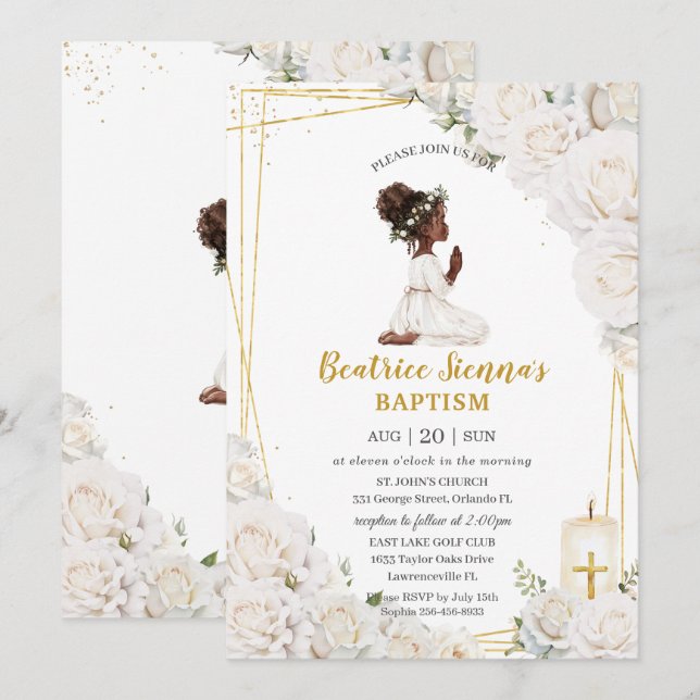Chic White Floral Baptism Christening Praying Girl Invitation (Front/Back)