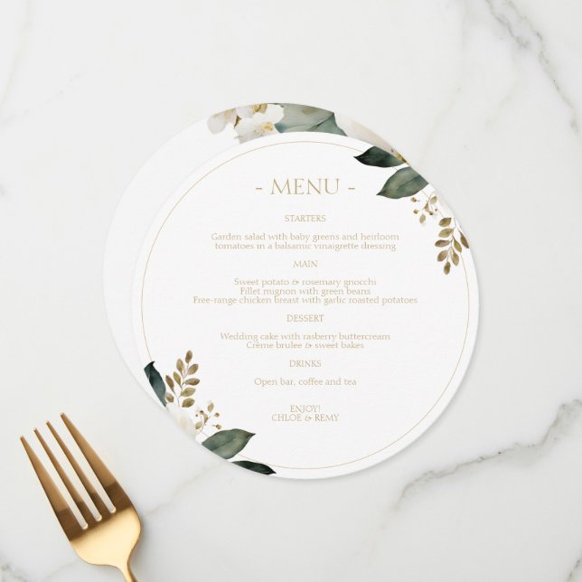 Chic White | Floral Foliage Watercolor Wedding  Menu (Front/Back In Situ)