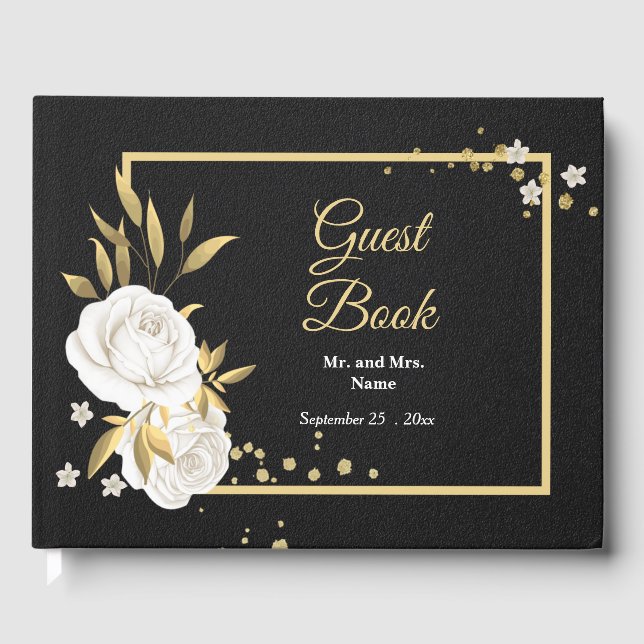 chic white floral gold leaves black guest book (Front)