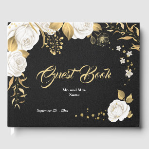 chic white floral gold leaves black guest book