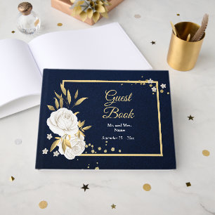 chic white floral gold leaves navy blue guest book