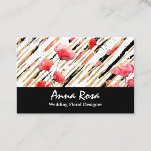 *~*Chic White Floral Red Poppy Black Glitter Foil Business Card