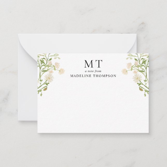 Chic White Floral Wildflower Classic Monogram Card (Front)
