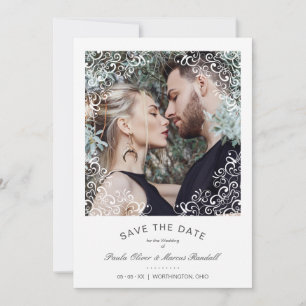 Chic White Flourish Lace Effect Photo Wedding Save The Date