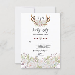 Chic White Flowers Antlers Handwriting RSVP Card