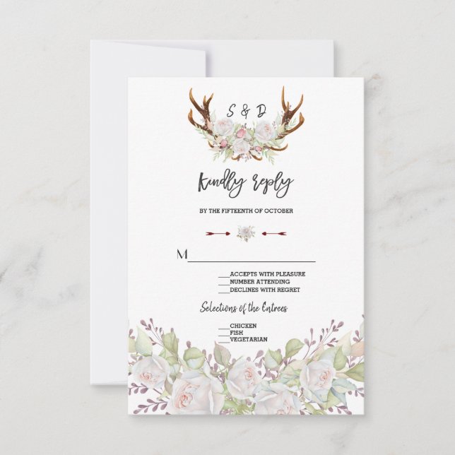 Chic White Flowers Antlers Handwriting RSVP Card (Front)