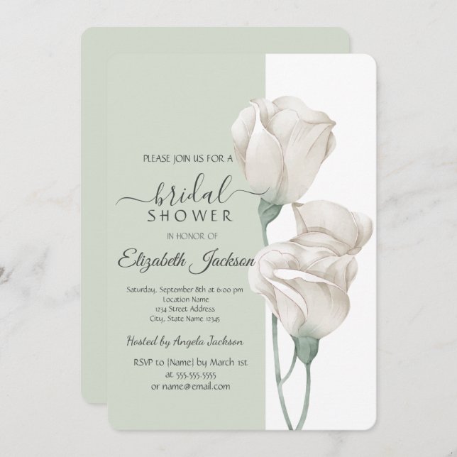 Chic White Flowers Roses Bridal Shower Invitation (Front/Back)