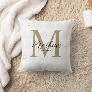 Chic White Gold Anahaw Leaf Script Monogram Cushion