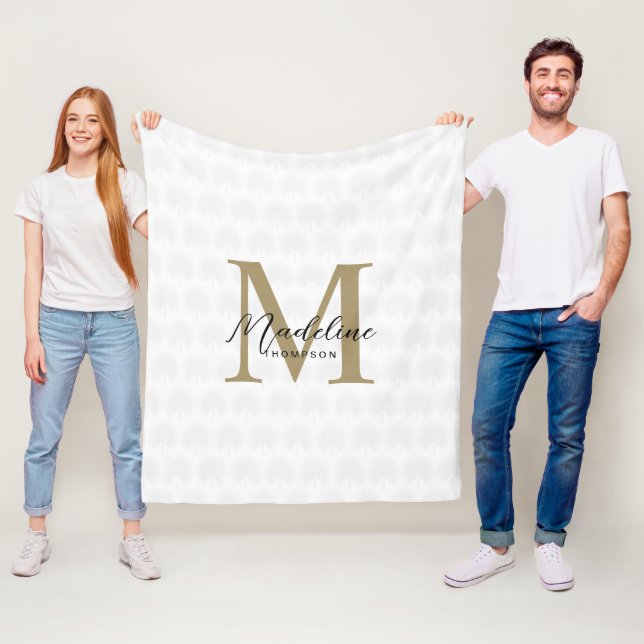 Chic White Gold Anahaw Leaf Script Monogram Fleece Blanket (In Situ)