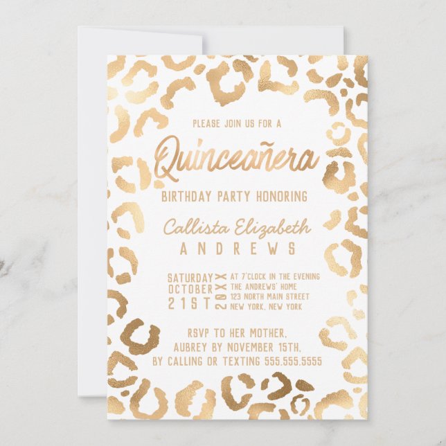 Chic White Gold Cheetah Leopard Quinceañera Invitation (Front)