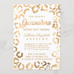 Chic White Gold Cheetah Leopard Quinceañera Invitation