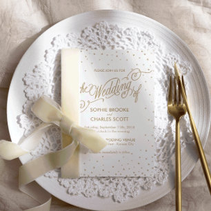 Chic White & Gold Confetti Stars Script Wedding Invitation
