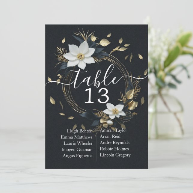 Chic White Gold Floral Wreath Wedding Table Number (Standing Front)