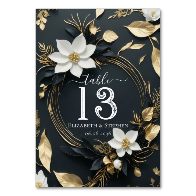 Chic White Gold Floral Wreath Wedding Table Number (Front)