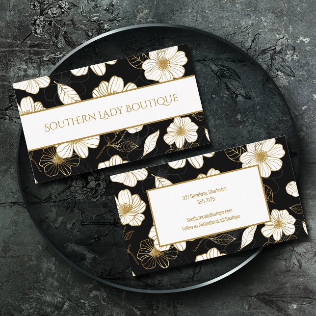 Chic White Gold Flowers on Black Business Card (Creator Uploaded)