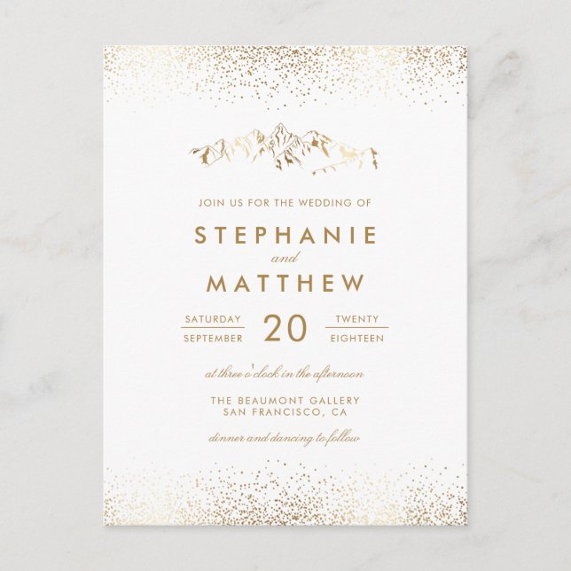 Chic White & Gold Foil Confetti Mountain Wedding Invitation Postcard (Front)