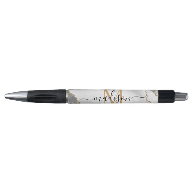 Chic White Gold Glitter Agate Monogram Script Name (Front)