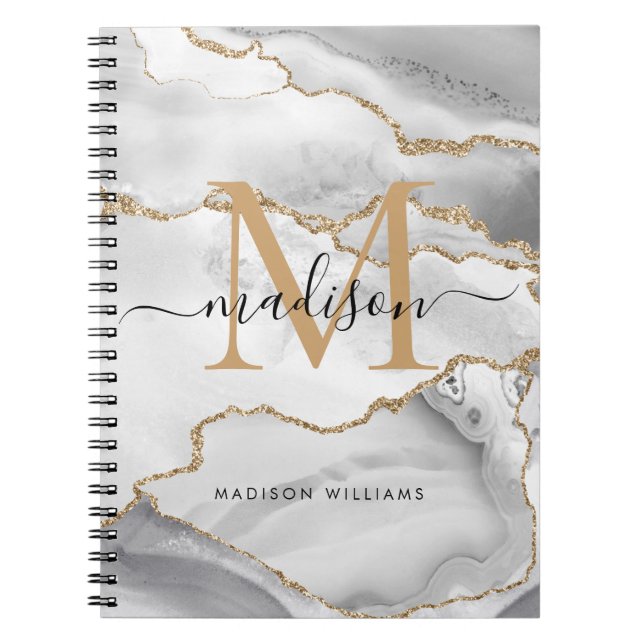 Chic White Gold Glitter Agate Monogram Script Name Notebook (Front)