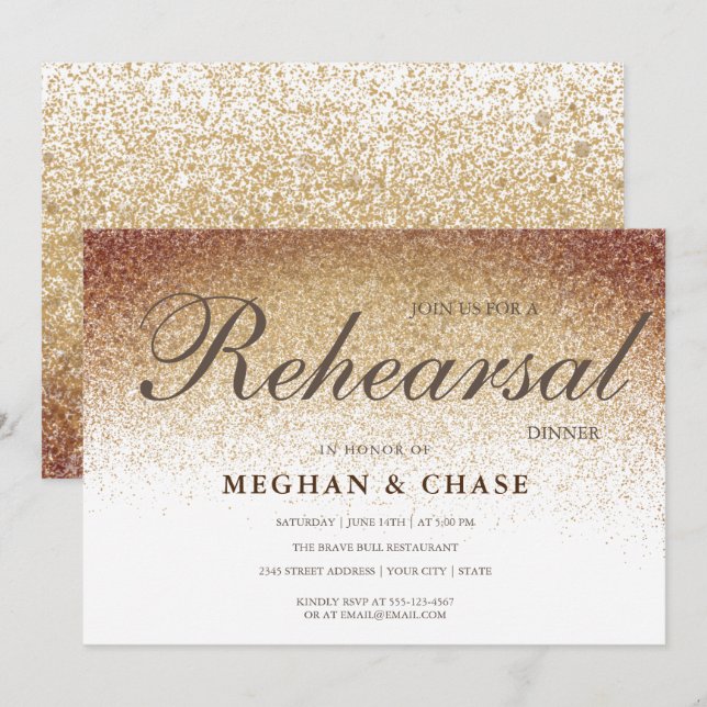 Chic White Gold Glitter Rehearsal Dinner Invitation (Front/Back)