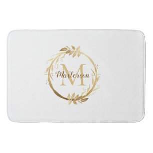 Chic White Gold Monogram Eucalyptus Wreath Bath Mat