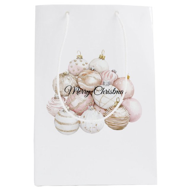 Chic White Gold Pink Christmas Ornaments Medium Gift Bag (Front)
