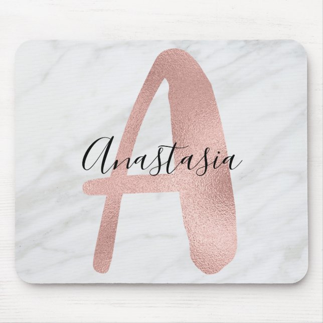 Chic White & Gray Marble Rose Gold A Monogram Name Mouse Pad (Front)