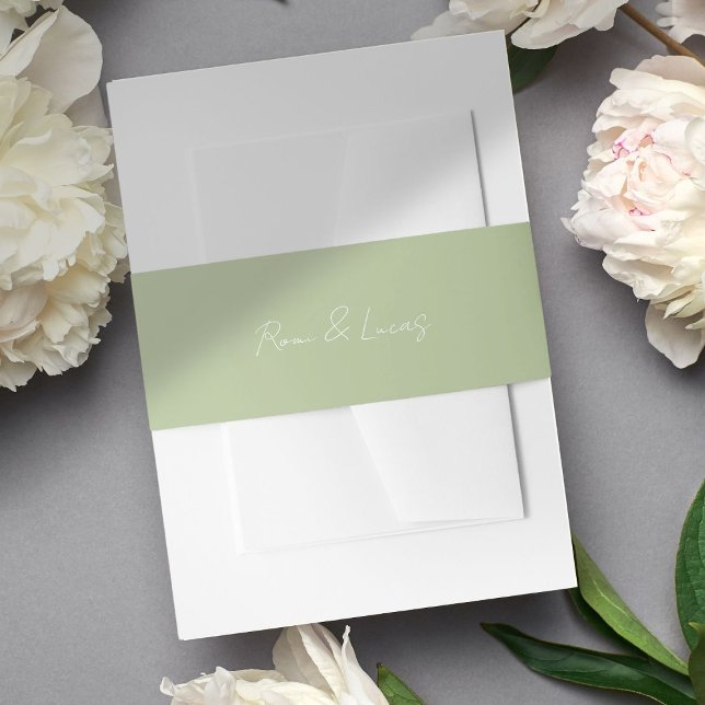 Chic White & Green Couple Script Wedding  Invitation Belly Band (Creator Uploaded)