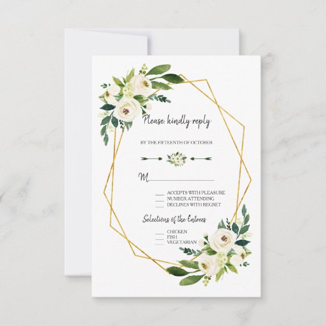 Chic White Green Floral Gold Frame Wedding RSVP (Front)
